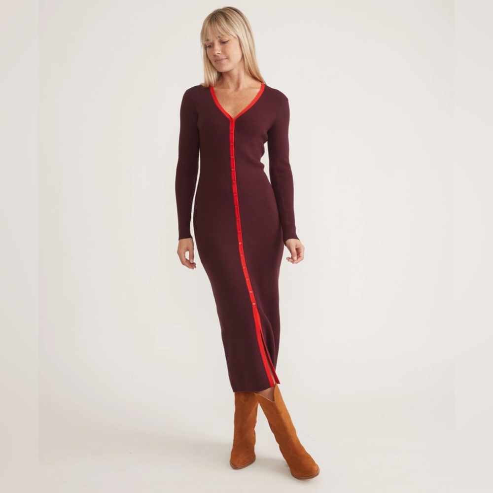 Marine Layer Lexi Rib Sweater Dress Merlot Medium Long Sleeve Red Trim Midi